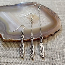 Load image into Gallery viewer, Feather Earrings, Silver Earrings in Your Choice of Five Lengths, Dangle Long Chain
