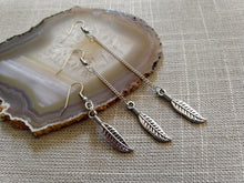Load image into Gallery viewer, Feather Earrings, Silver Earrings in Your Choice of Five Lengths, Dangle Long Chain