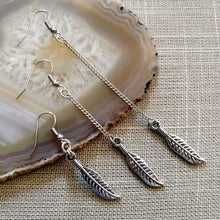 Load image into Gallery viewer, Feather Earrings, Silver Earrings in Your Choice of Five Lengths, Dangle Long Chain