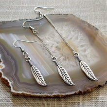 Load image into Gallery viewer, Feather Earrings, Silver Earrings in Your Choice of Five Lengths, Dangle Long Chain