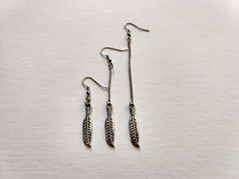 Load image into Gallery viewer, Feather Earrings, Silver Earrings in Your Choice of Five Lengths, Dangle Long Chain