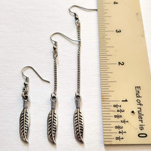 Load image into Gallery viewer, Feather Earrings, Silver Earrings in Your Choice of Five Lengths, Dangle Long Chain