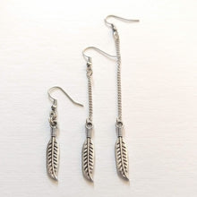 Load image into Gallery viewer, Feather Earrings, Silver Earrings in Your Choice of Five Lengths, Dangle Long Chain