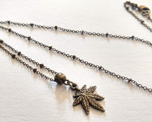 Load image into Gallery viewer, Weed Leaf Necklace, Marijuana Jewelry on Bronze Beaded Satellite Chain, Jewerlry for Stoners