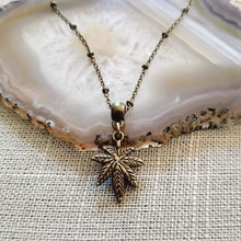 Load image into Gallery viewer, Weed Leaf Necklace, Marijuana Jewelry on Bronze Beaded Satellite Chain, Jewerlry for Stoners