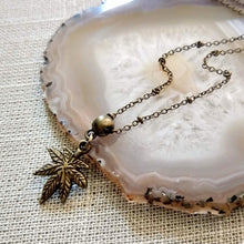 Load image into Gallery viewer, Weed Leaf Necklace, Marijuana Jewelry on Bronze Beaded Satellite Chain, Jewerlry for Stoners