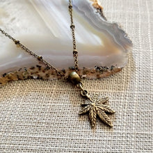 Load image into Gallery viewer, Weed Leaf Necklace, Marijuana Jewelry on Bronze Beaded Satellite Chain, Jewerlry for Stoners