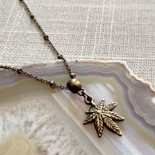 Load image into Gallery viewer, Weed Leaf Necklace, Marijuana Jewelry on Bronze Beaded Satellite Chain, Jewerlry for Stoners