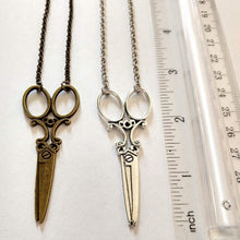 Load image into Gallery viewer, Scissor Necklace, Ornate Old Fashioned Scissor Necklace on Silver or Bronze Rolo Chain, Hairdresser Hairstylist Gifts
