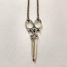 Load image into Gallery viewer, Scissor Necklace, Ornate Old Fashioned Scissor Necklace on Silver or Bronze Rolo Chain, Hairdresser Hairstylist Gifts