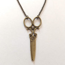 Load image into Gallery viewer, Scissor Necklace, Ornate Old Fashioned Scissor Necklace on Silver or Bronze Rolo Chain, Hairdresser Hairstylist Gifts