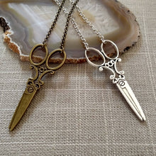 Load image into Gallery viewer, Scissor Necklace, Ornate Old Fashioned Scissor Necklace on Silver or Bronze Rolo Chain, Hairdresser Hairstylist Gifts