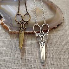 Load image into Gallery viewer, Scissor Necklace, Ornate Old Fashioned Scissor Necklace on Silver or Bronze Rolo Chain, Hairdresser Hairstylist Gifts
