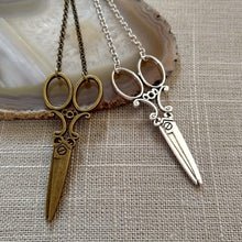 Load image into Gallery viewer, Scissor Necklace, Ornate Old Fashioned Scissor Necklace on Silver or Bronze Rolo Chain, Hairdresser Hairstylist Gifts