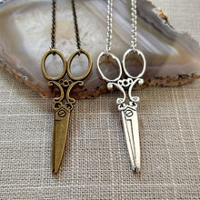 Load image into Gallery viewer, Scissor Necklace, Ornate Old Fashioned Scissor Necklace on Silver or Bronze Rolo Chain, Hairdresser Hairstylist Gifts