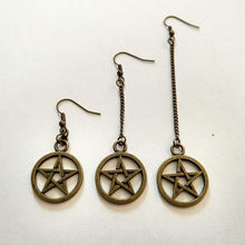 Load image into Gallery viewer, Pentagram Earrings - Bronze Earrings in Your Choice of Five Lengths - Dangle Earrings / Long Earrings / Chain Earrings