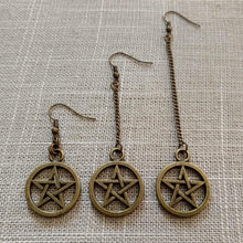 Load image into Gallery viewer, Pentagram Earrings - Bronze Earrings in Your Choice of Five Lengths - Dangle Earrings / Long Earrings / Chain Earrings