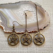 Load image into Gallery viewer, Pentagram Earrings - Bronze Earrings in Your Choice of Five Lengths - Dangle Earrings / Long Earrings / Chain Earrings
