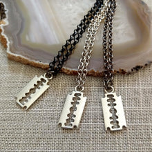 Load image into Gallery viewer, Razorblade Necklace, Silver Razor Pendant on Your Choice of Three Chains, Mens Necklace