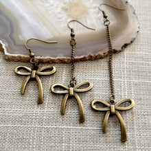 Load image into Gallery viewer, Bronze Bow Earrings, Your Choice of Three Lengths, Dangle Drop Chain Earrings