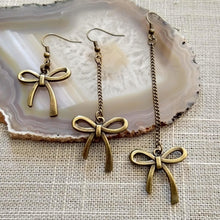 Load image into Gallery viewer, Bronze Bow Earrings, Your Choice of Three Lengths, Dangle Drop Chain Earrings