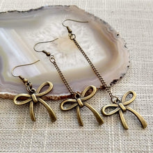 Load image into Gallery viewer, Bronze Bow Earrings, Your Choice of Three Lengths, Dangle Drop Chain Earrings