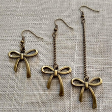 Load image into Gallery viewer, Bronze Bow Earrings, Your Choice of Three Lengths, Dangle Drop Chain Earrings
