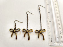 Load image into Gallery viewer, Bronze Bow Earrings, Your Choice of Three Lengths, Dangle Drop Chain Earrings