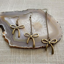 Load image into Gallery viewer, Bronze Bow Earrings, Your Choice of Three Lengths, Dangle Drop Chain Earrings