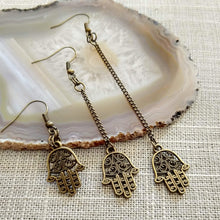 Load image into Gallery viewer, Tiny Hamsa Earrings - Your Choice of Three Lengths - Long Dangle Chain Earrings