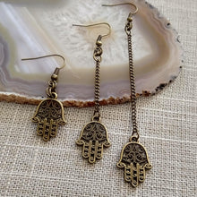 Load image into Gallery viewer, Tiny Hamsa Earrings - Your Choice of Three Lengths - Long Dangle Chain Earrings