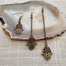 Load image into Gallery viewer, Tiny Hamsa Earrings - Your Choice of Three Lengths - Long Dangle Chain Earrings