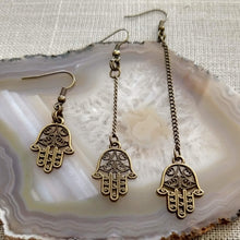 Load image into Gallery viewer, Tiny Hamsa Earrings - Your Choice of Three Lengths - Long Dangle Chain Earrings