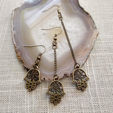 Load image into Gallery viewer, Tiny Hamsa Earrings - Your Choice of Three Lengths - Long Dangle Chain Earrings