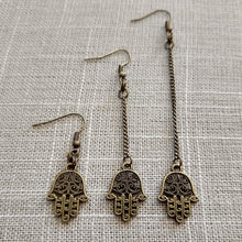 Load image into Gallery viewer, Tiny Hamsa Earrings - Your Choice of Three Lengths - Long Dangle Chain Earrings