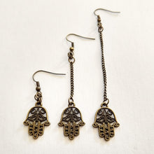 Load image into Gallery viewer, Tiny Hamsa Earrings - Your Choice of Three Lengths - Long Dangle Chain Earrings