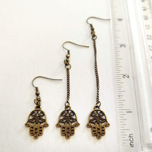Load image into Gallery viewer, Tiny Hamsa Earrings - Your Choice of Three Lengths - Long Dangle Chain Earrings