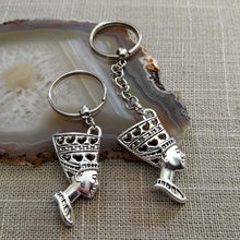 Load image into Gallery viewer, Queen Nefertitti Keychain Key Ring or Zipper Pull, Silver Backpack or Purse Charms
