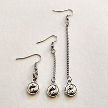 Load image into Gallery viewer, Silver Yin Yang Earrings, Your Choice of Three Lengths, Long Dangle Chain Earrings