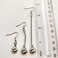Load image into Gallery viewer, Silver Yin Yang Earrings, Your Choice of Three Lengths, Long Dangle Chain Earrings