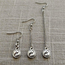 Load image into Gallery viewer, Silver Yin Yang Earrings, Your Choice of Three Lengths, Long Dangle Chain Earrings