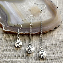 Load image into Gallery viewer, Silver Yin Yang Earrings, Your Choice of Three Lengths, Long Dangle Chain Earrings