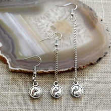 Load image into Gallery viewer, Silver Yin Yang Earrings, Your Choice of Three Lengths, Long Dangle Chain Earrings