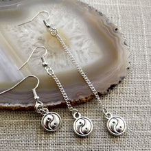 Load image into Gallery viewer, Silver Yin Yang Earrings, Your Choice of Three Lengths, Long Dangle Chain Earrings
