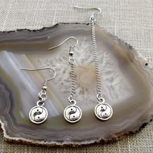 Load image into Gallery viewer, Silver Yin Yang Earrings, Your Choice of Three Lengths, Long Dangle Chain Earrings