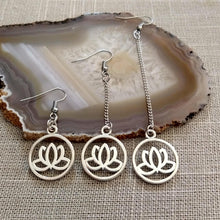 Load image into Gallery viewer, Japanese Lotus Flower Earrings - Your Choice of Three Lengths - Long Dangle Chain Earrings