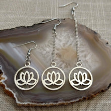 Load image into Gallery viewer, Japanese Lotus Flower Earrings - Your Choice of Three Lengths - Long Dangle Chain Earrings