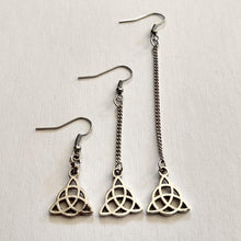 Load image into Gallery viewer, Celtic Knot Gaelic Earrings - Your Choice of Three Lengths - Long Dangle Chain Earrings