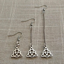 Load image into Gallery viewer, Celtic Knot Gaelic Earrings - Your Choice of Three Lengths - Long Dangle Chain Earrings