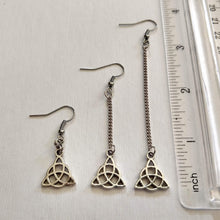 Load image into Gallery viewer, Celtic Knot Gaelic Earrings - Your Choice of Three Lengths - Long Dangle Chain Earrings